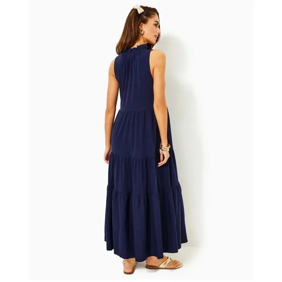 NWOT Lilly Pulitzer Malone Maxi Dress Tiered Navy Blue Preppy Cotton Women Small - Picture 9 of 9